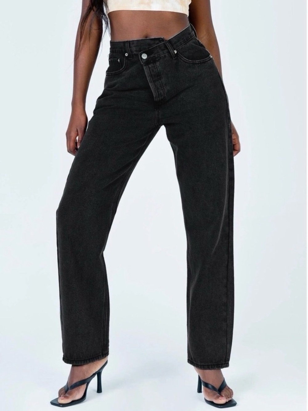 Princess Polly Holly Crossover Asymmetric Straight Leg Button Fly Jeans Size 4